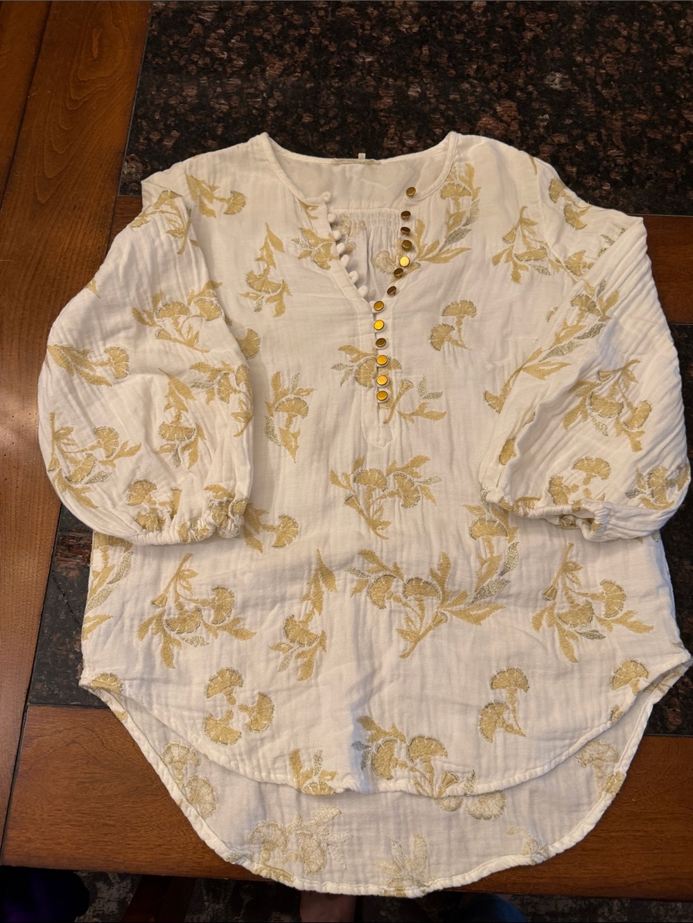 Anthropologie Floreat White & Gold Floral Embroidered Cotton Blouse Medium